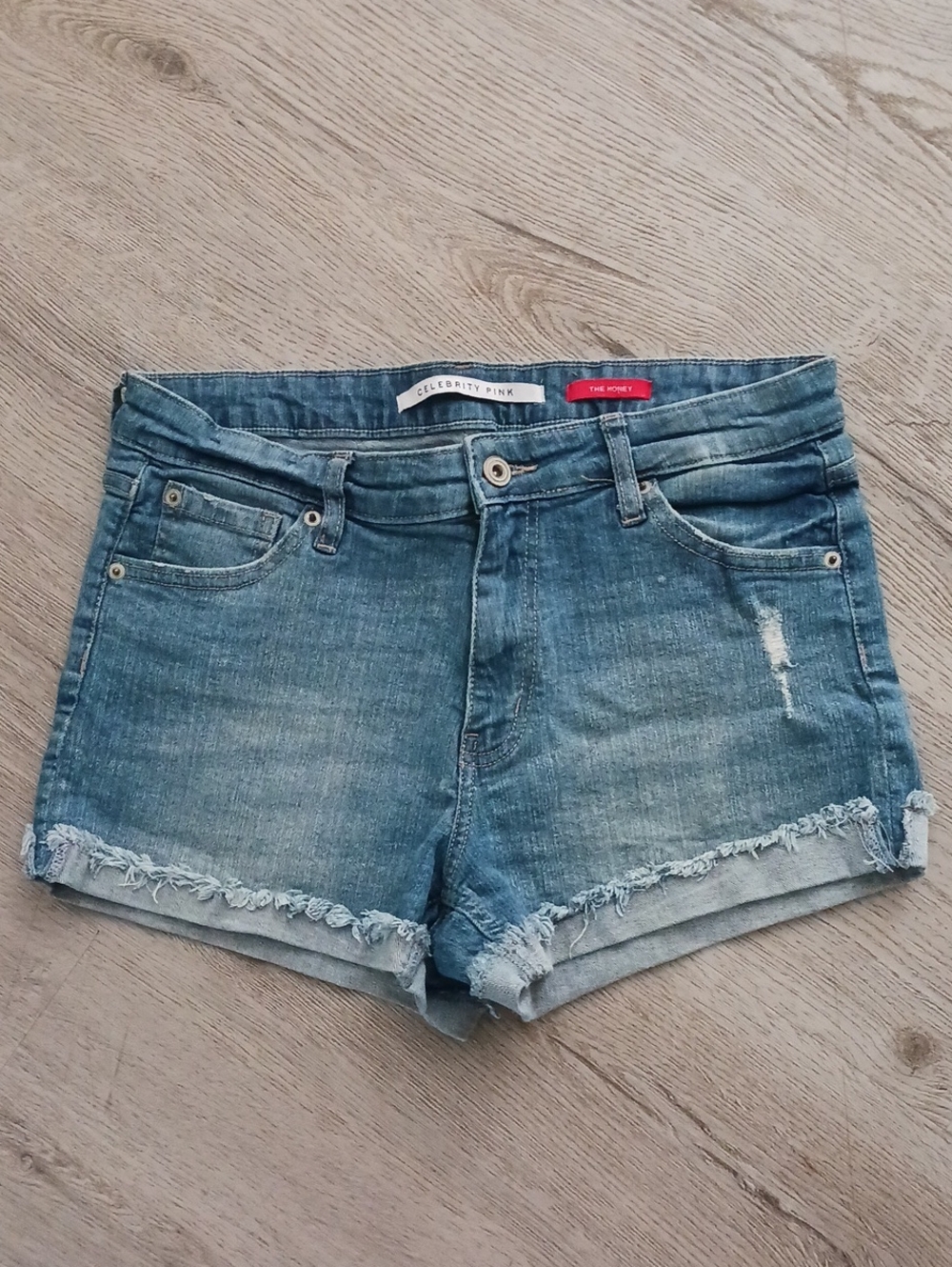 Celebrity Pink Light Blue Distressed Denim Shorts